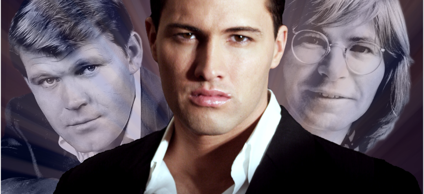 John Stephan stands in front of images of John Denver and John Campbell 