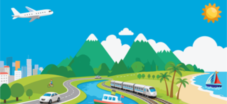 Cartoon modes of transport are traveling on a sunny day 