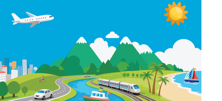 Planes trains and automobiles travel on a sunny day