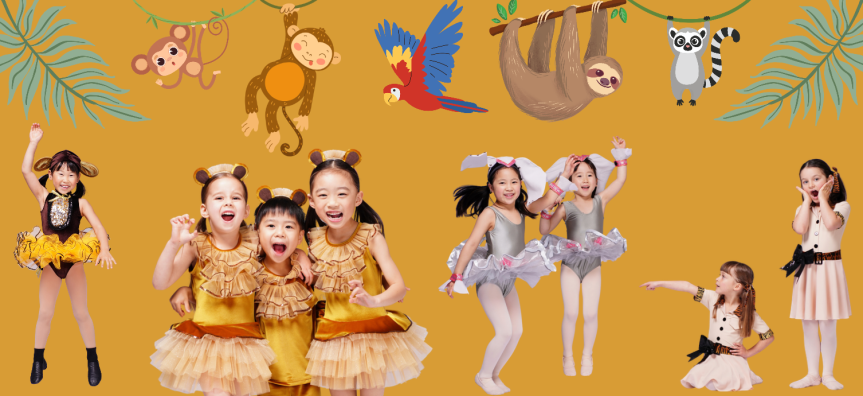 Children dressed as zoo animals dance on stage